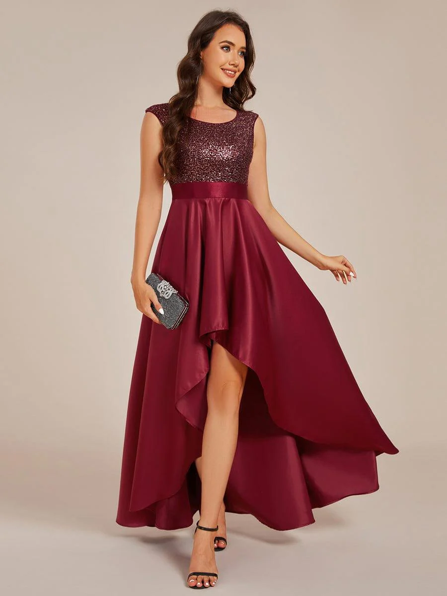 Round Neck Sequin Bodice High-Low Evening Dress With Satin Skirt - Image 7