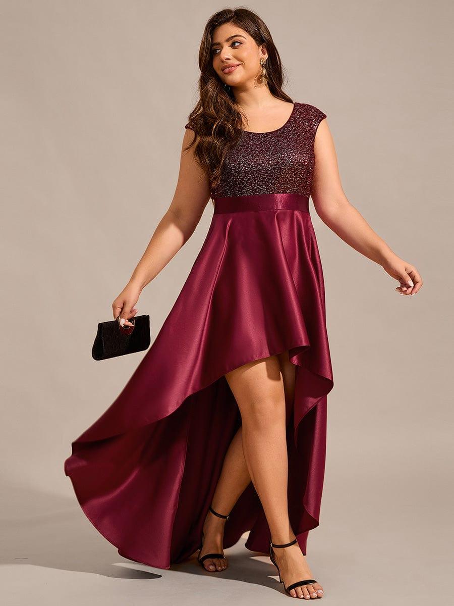 Round Neck Sequin Bodice High-Low Evening Dress With Satin Skirt - Image 8
