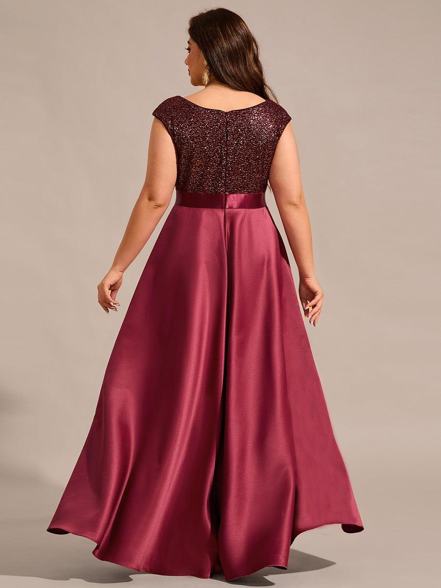 Round Neck Sequin Bodice High-Low Evening Dress With Satin Skirt - Image 9