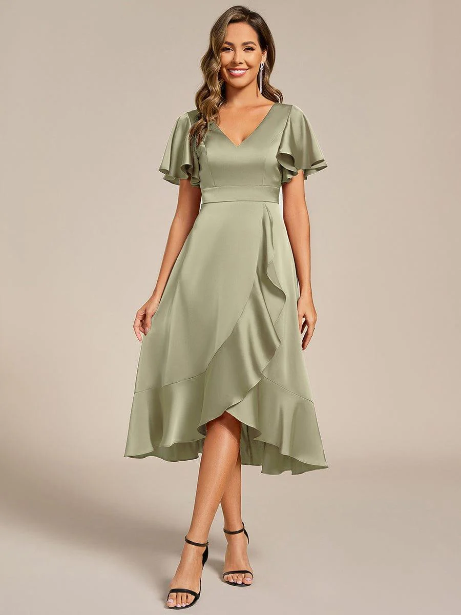 ever SAIGE|Ruffled V-neck Midi Satin Wedding Guest Dress - Image 11