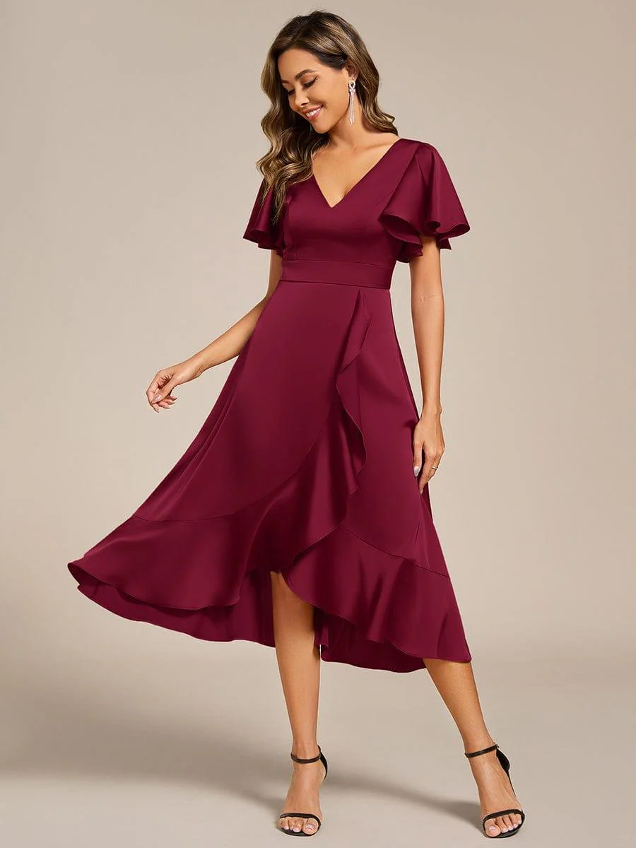 ever SAIGE|Ruffled V-neck Midi Satin Wedding Guest Dress - Image 31