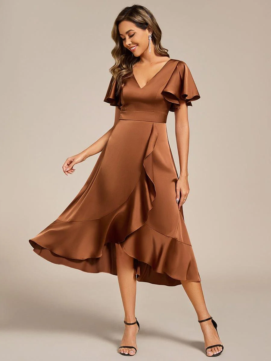 ever SAIGE|Ruffled V-neck Midi Satin Wedding Guest Dress - Image 5