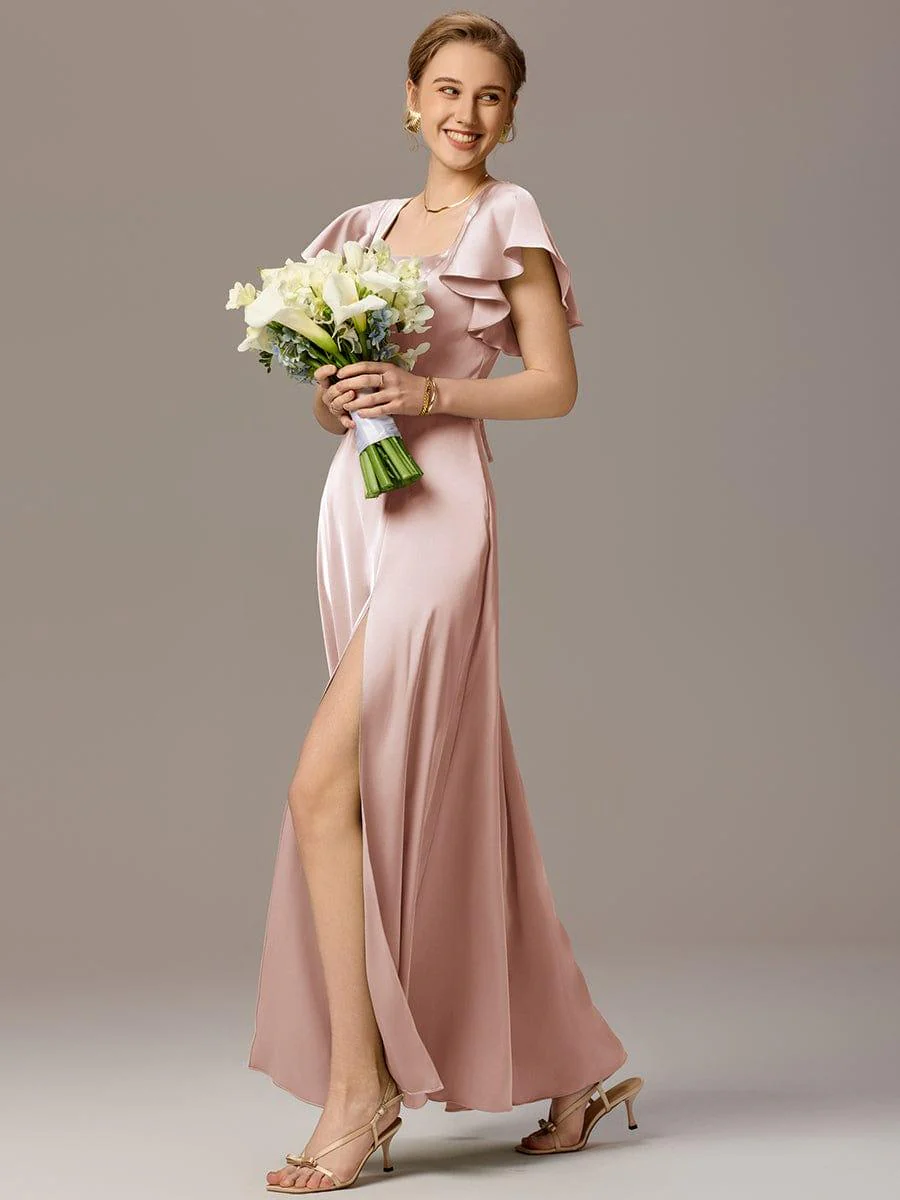 ever BELISSE|Designer Satin Square Neck Short Sleeve Ruffled Maxi Bridesmaid Dress With Pockets - Image 12
