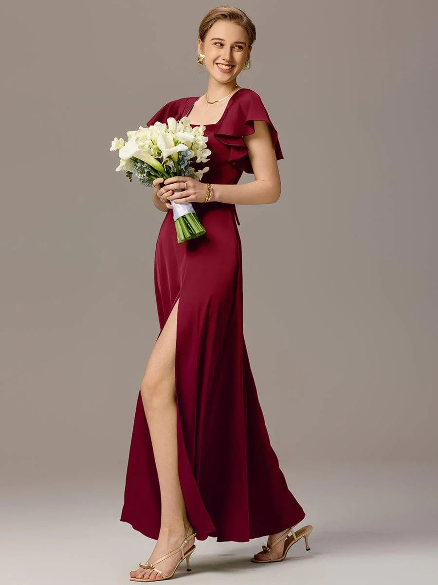 ever BELISSE|Designer Satin Square Neck Short Sleeve Ruffled Maxi Bridesmaid Dress With Pockets - Image 17