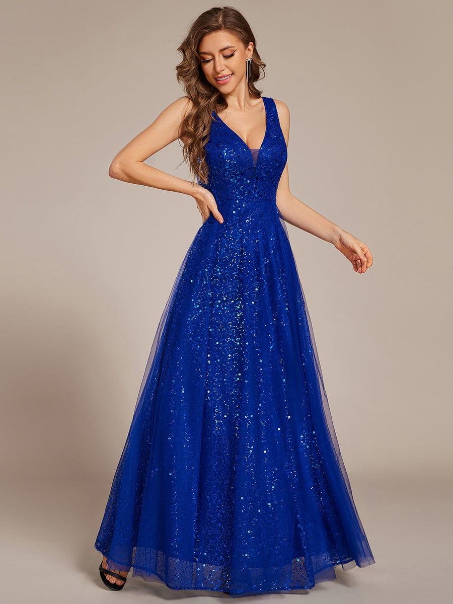ever HILLARY|Sequined V-Neck Sleeveless See-Through Tulle Evening Dress - Image 30