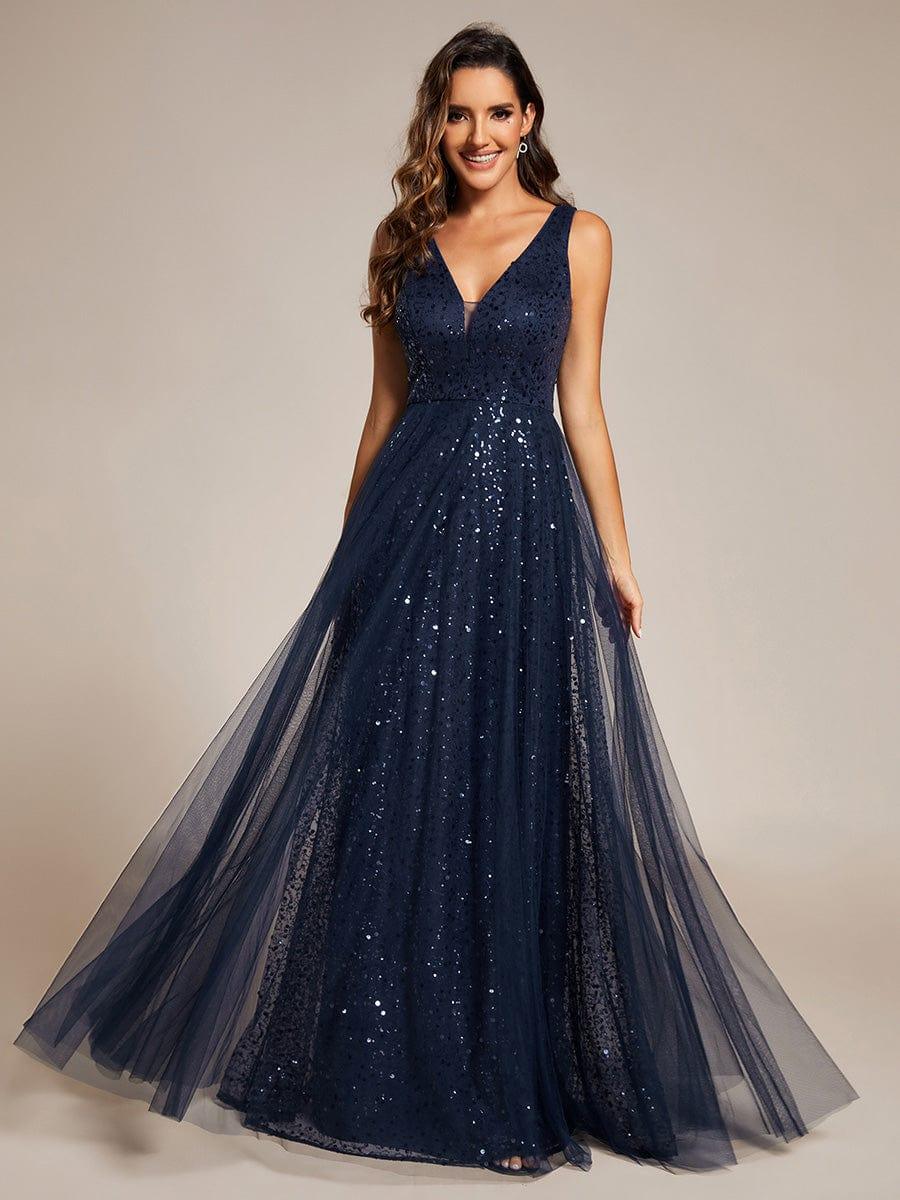 ever HILLARY|Sequined V-Neck Sleeveless See-Through Tulle Evening Dress - Image 5