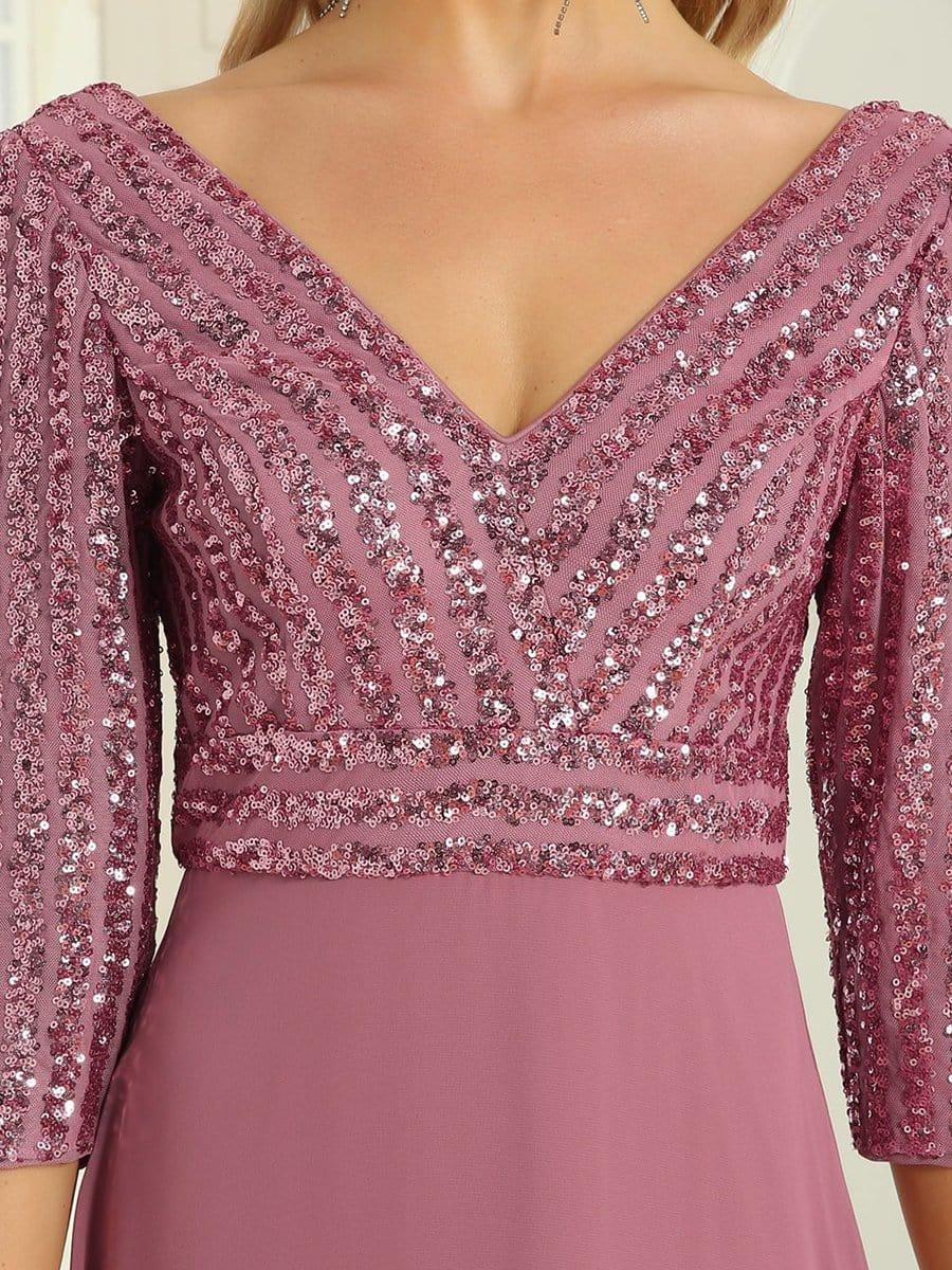 ever LUENA|Sexy V Neck A-Line Sequin Evening Dresses with 3/4 Sleeve - Image 21