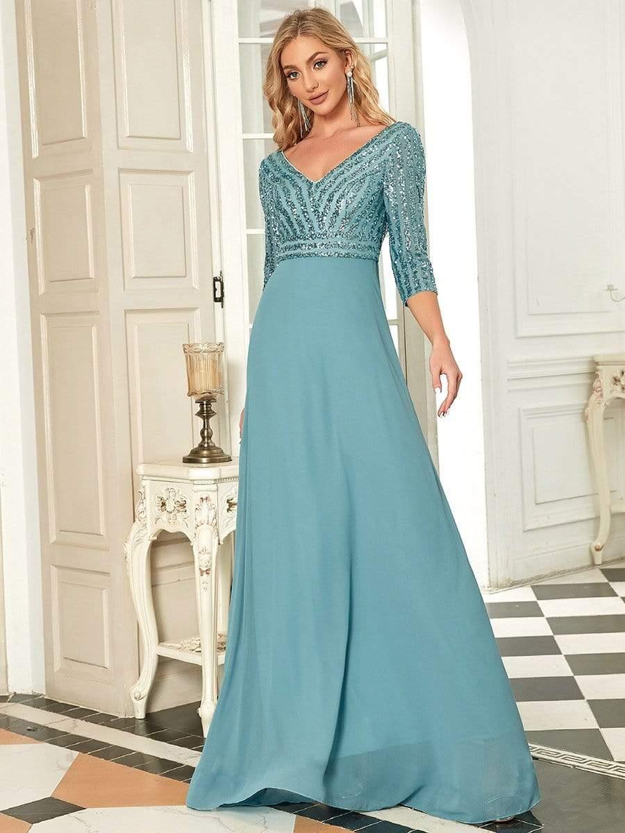 ever LUENA|Sexy V Neck A-Line Sequin Evening Dresses with 3/4 Sleeve - Image 27