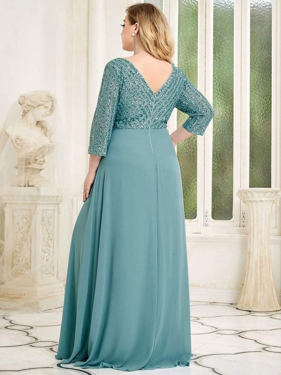 ever LUENA|Sexy V Neck A-Line Sequin Evening Dresses with 3/4 Sleeve - Image 31