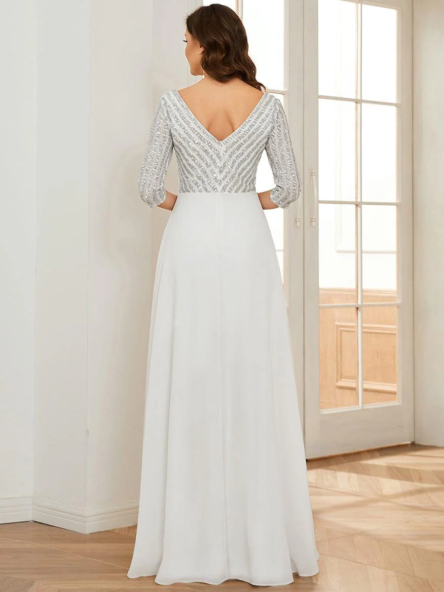 ever LUENA|Sexy V Neck A-Line Sequin Evening Dresses with 3/4 Sleeve - Image 38