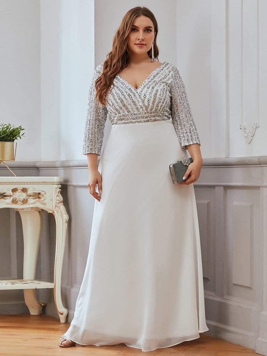 ever LUENA|Sexy V Neck A-Line Sequin Evening Dresses with 3/4 Sleeve - Image 43