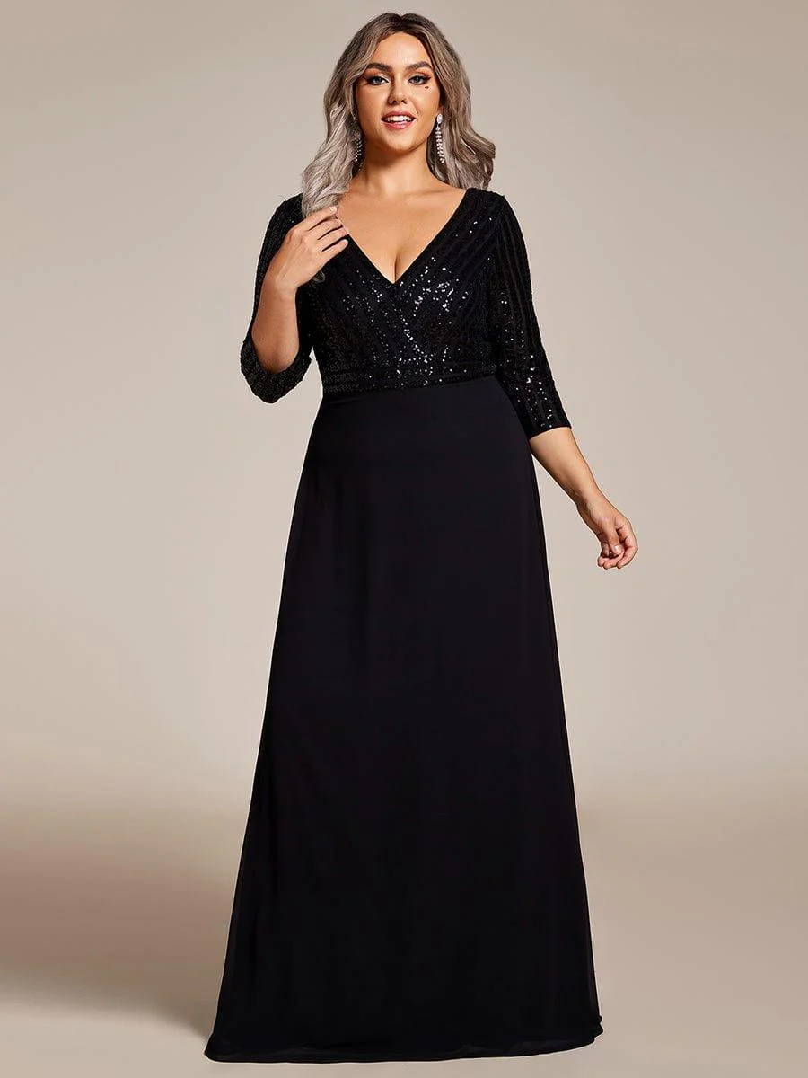 ever LUENA|Sexy V Neck A-Line Sequin Evening Dresses with 3/4 Sleeve - Image 47