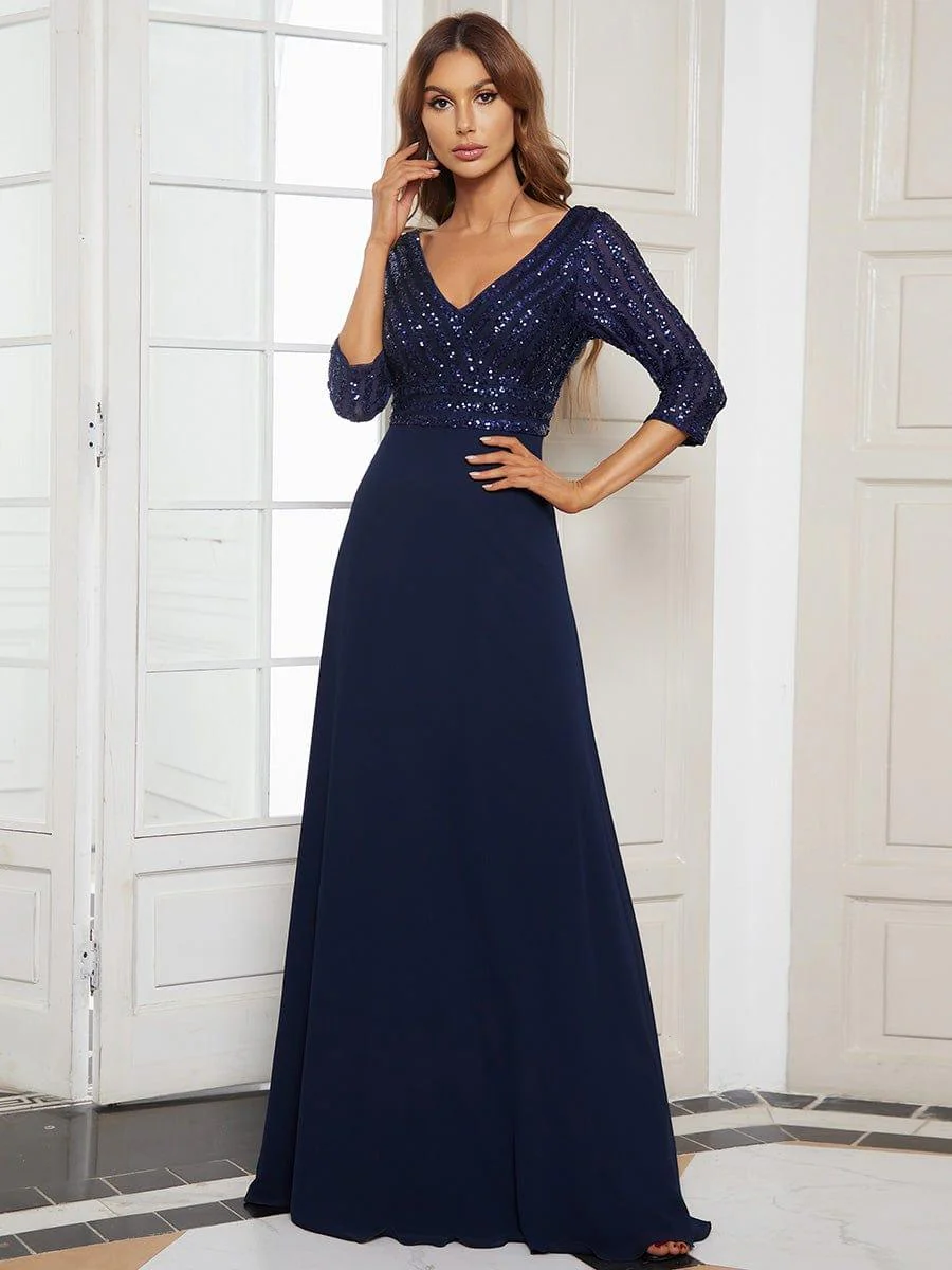 ever LUENA|Sexy V Neck A-Line Sequin Evening Dresses with 3/4 Sleeve - Image 5