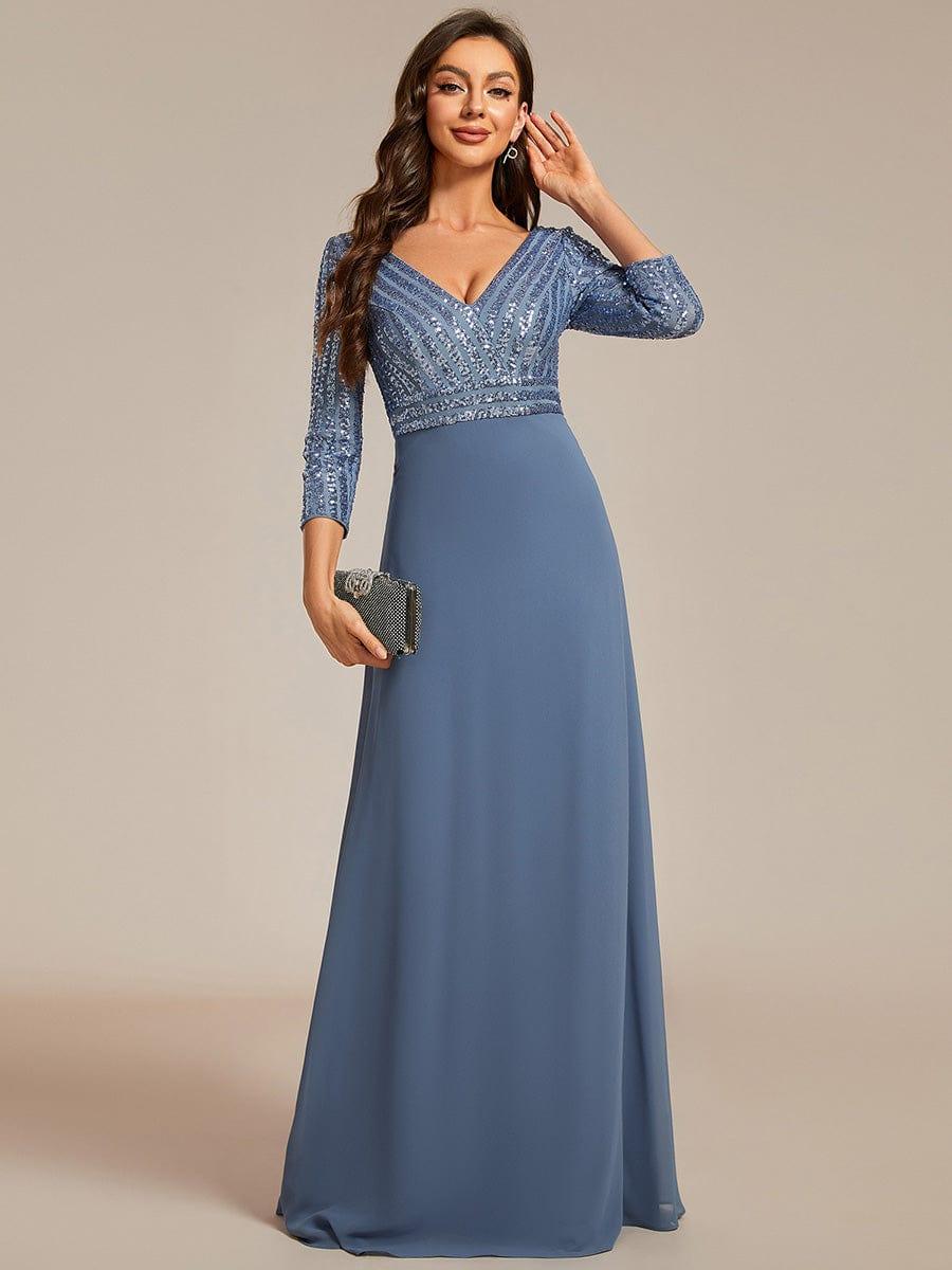 ever LUENA|Sexy V Neck A-Line Sequin Evening Dresses with 3/4 Sleeve - Image 53