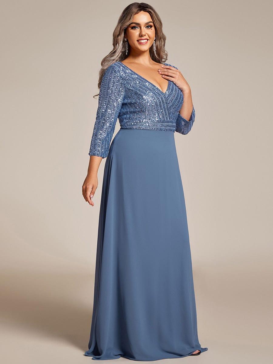 ever LUENA|Sexy V Neck A-Line Sequin Evening Dresses with 3/4 Sleeve - Image 55