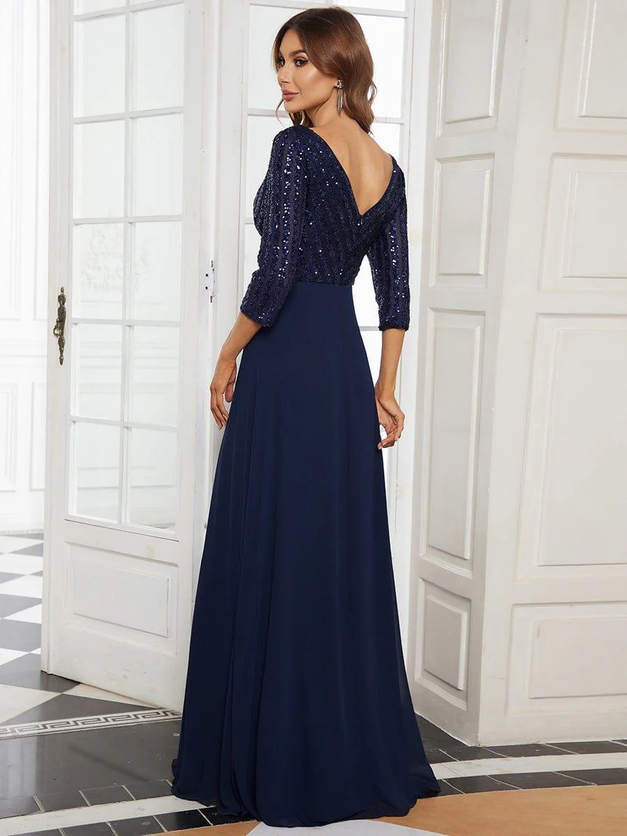 ever LUENA|Sexy V Neck A-Line Sequin Evening Dresses with 3/4 Sleeve - Image 6