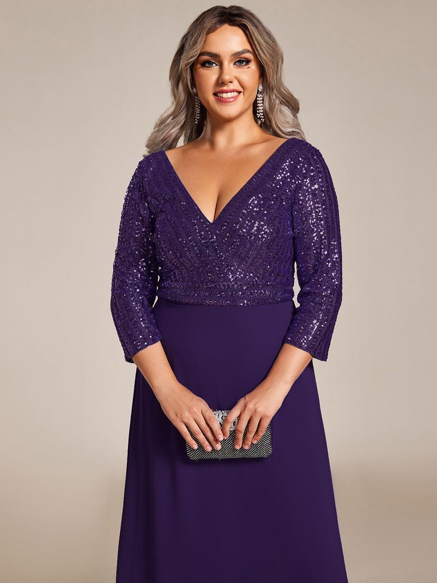 ever LUENA|Sexy V Neck A-Line Sequin Evening Dresses with 3/4 Sleeve - Image 65