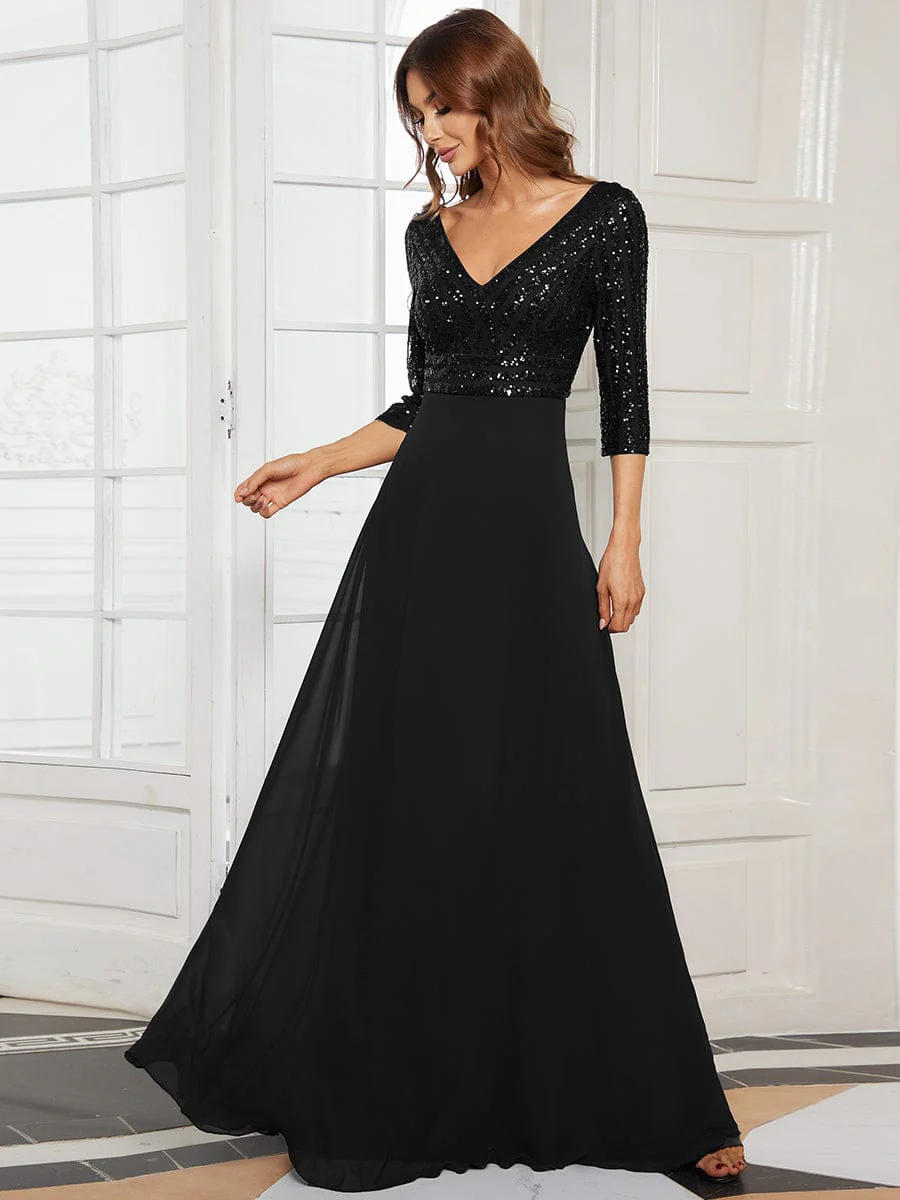 ever IRIS|Sexy V Neck Sequin Evening Dresses with 3/4 Sleeve - Image 5