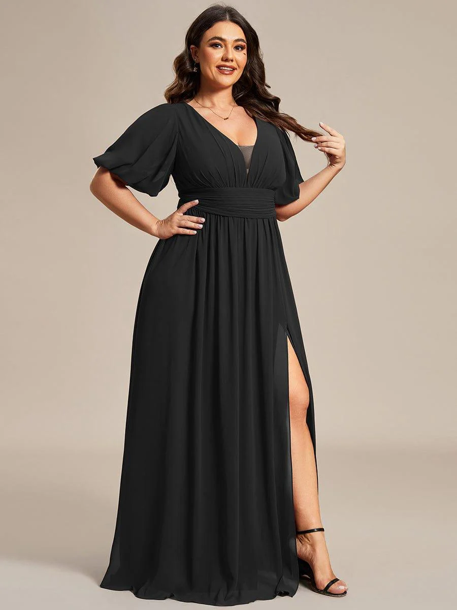 ever MADISON|Short Sleeve V-Neck Front Slit Chiffon Evening Dress - Image 13