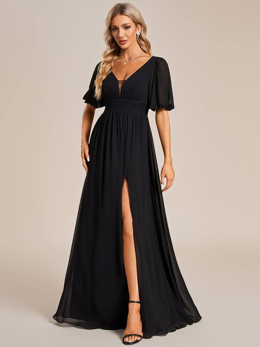 ever MADISON|Short Sleeve V-Neck Front Slit Chiffon Evening Dress - Image 4