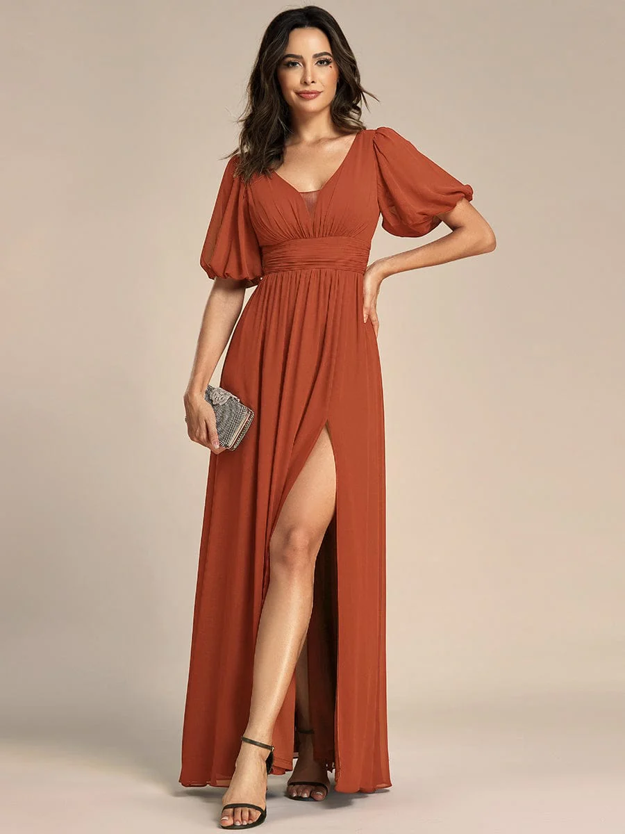 ever MADISON|Short Sleeve V-Neck Front Slit Chiffon Evening Dress - Image 49