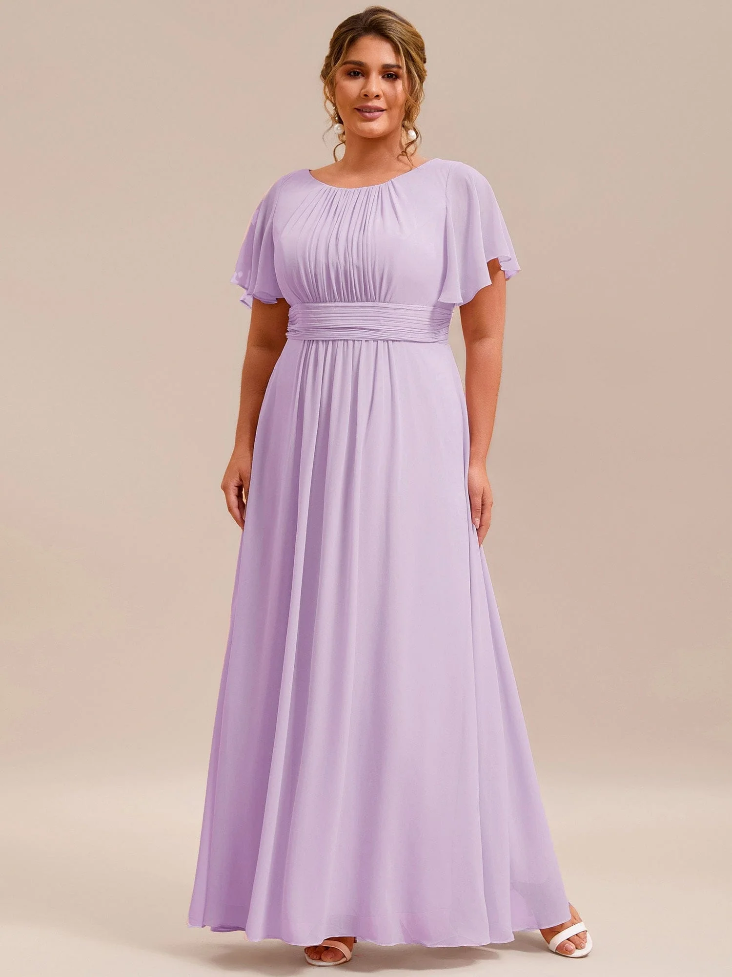 Plus Size Simple Chiffon Pleated A-Line Round Neckline Bridesmaid Dress - Image 80