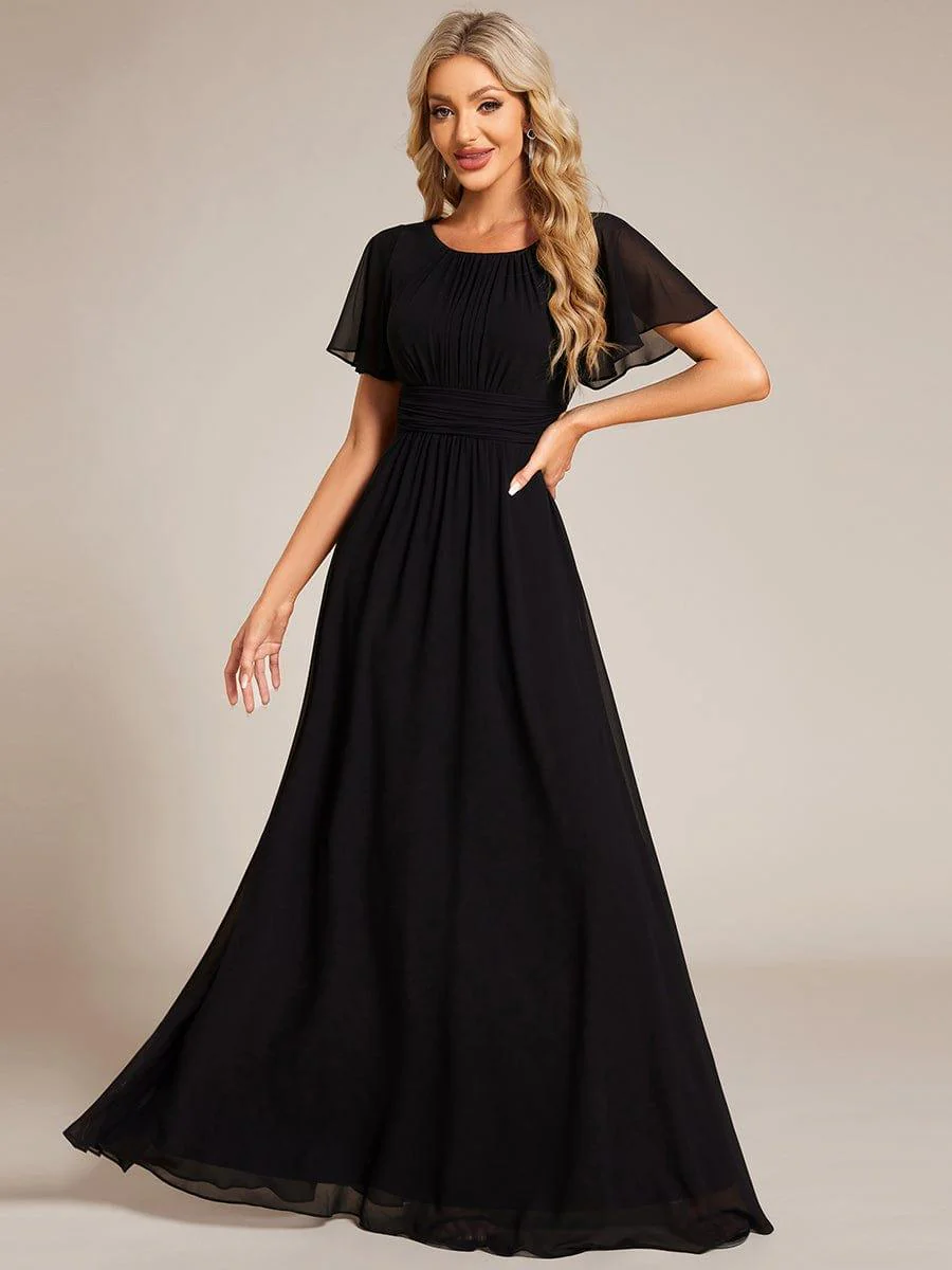 Simple Chiffon Pleated A-Line Round Neckline Dress in Black - Image 4