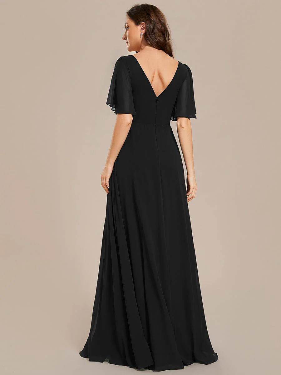 Simple Chiffon Short Sleeves Empire Waist A-Line Maxi Dress in Black - Image 2