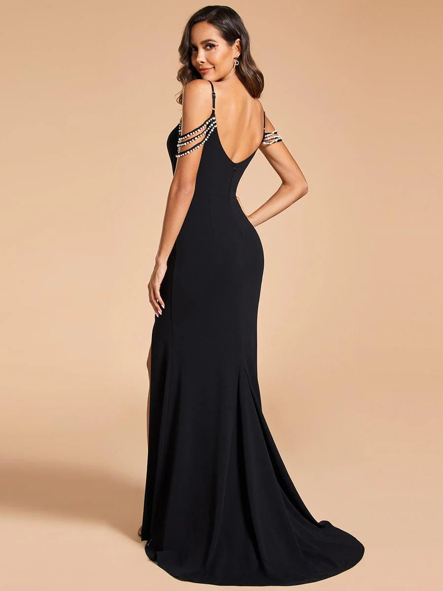 Simple Cold Shoulder Front Slit Pleated Mermaid Wedding Dress - Image 7