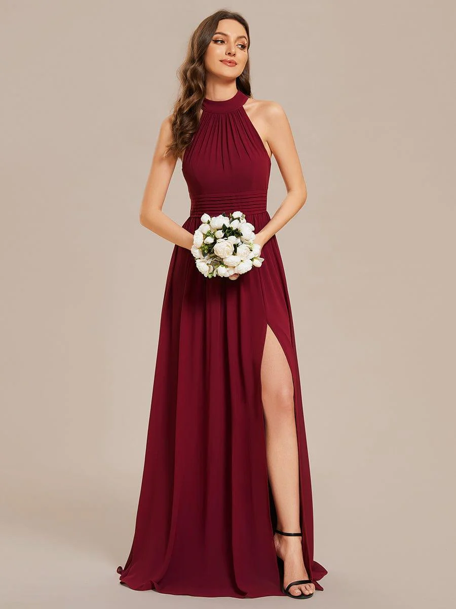 Sleeveless Chiffon Halter A-Line Maxi Bridesmaid Dress with Pleats and High Slit(Final Sale) - Image 2