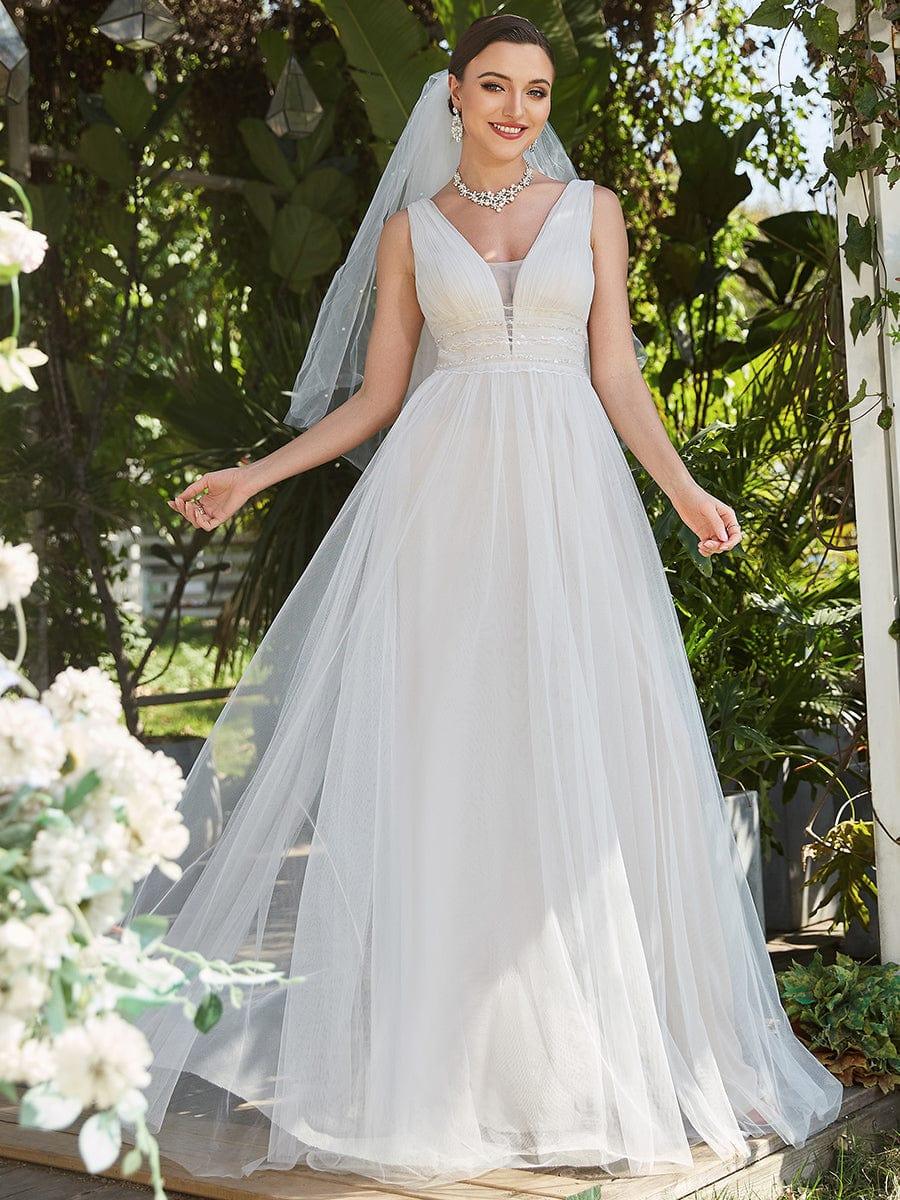 Sleeveless Deep V Low Back Long Wedding Dress - Image 11