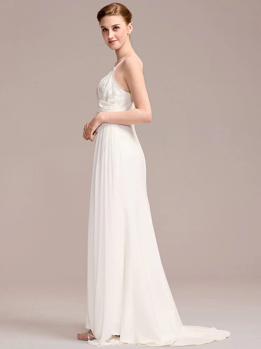 Sleeveless V-Neck Embroidered Wedding Dress with Ribbons - Image 3