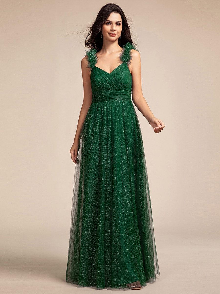 Sleeveless Pleated Glitter Maxi Bridesmaid Dress With Embellished Straps - Image 9