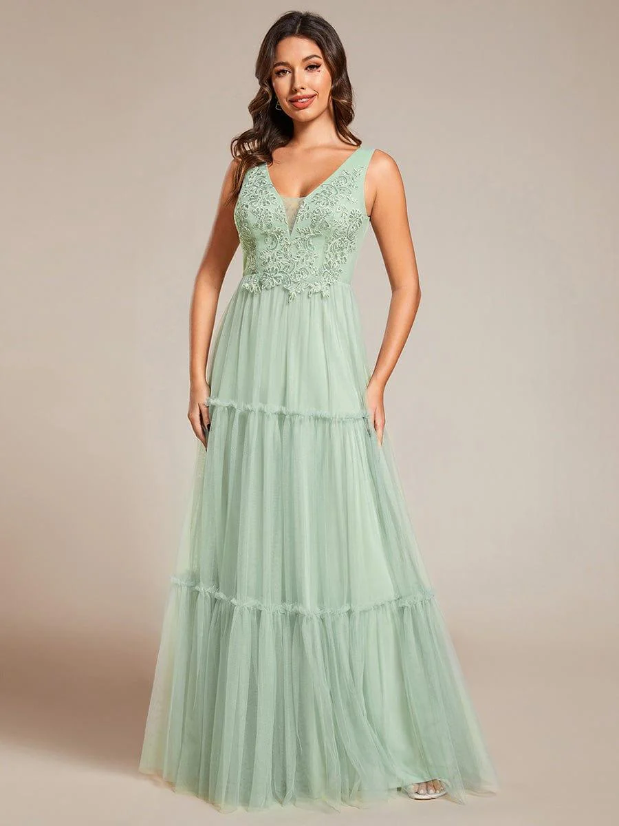 Sleeveless See-Through Applique Tulle Evening Dress - Image 5