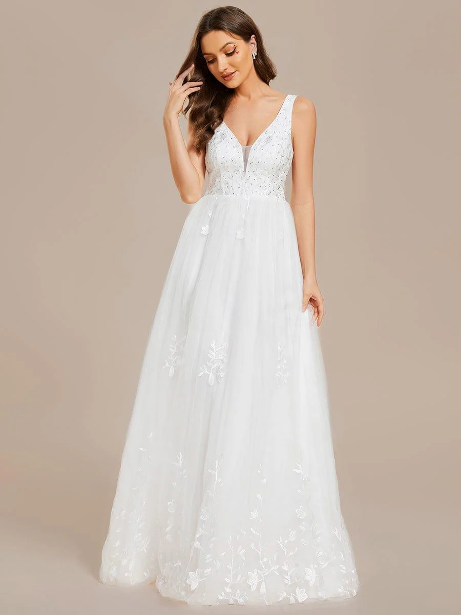 Sleeveless V-Neck A Line Embroidered Wedding Dress - Image 5