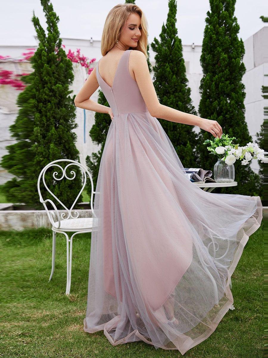 Sleeveless V-Neck A-Line High-Low Embroidered Applique Tulle Evening Dress - Image 2