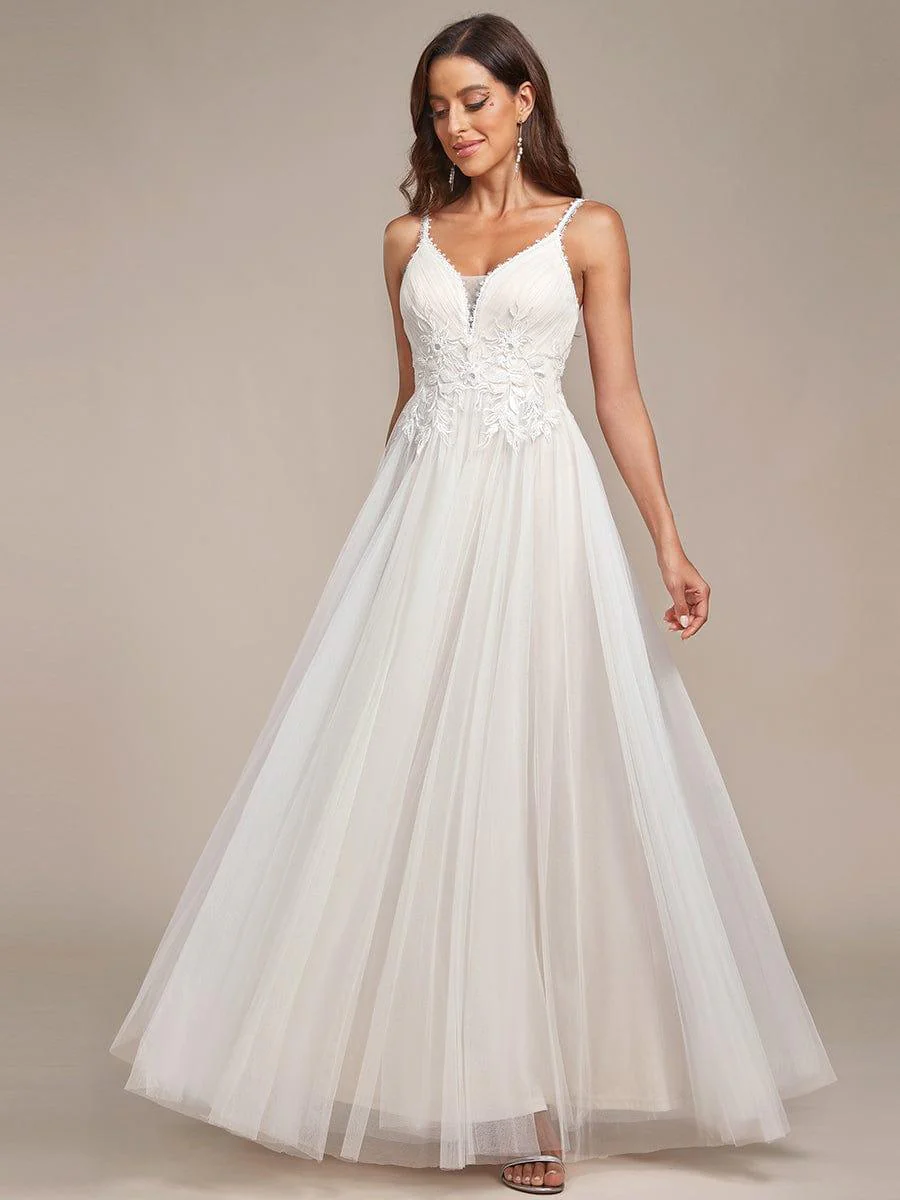 Spaghetti Strap Embroidered V-neck A-line Wedding Dress - Image 5