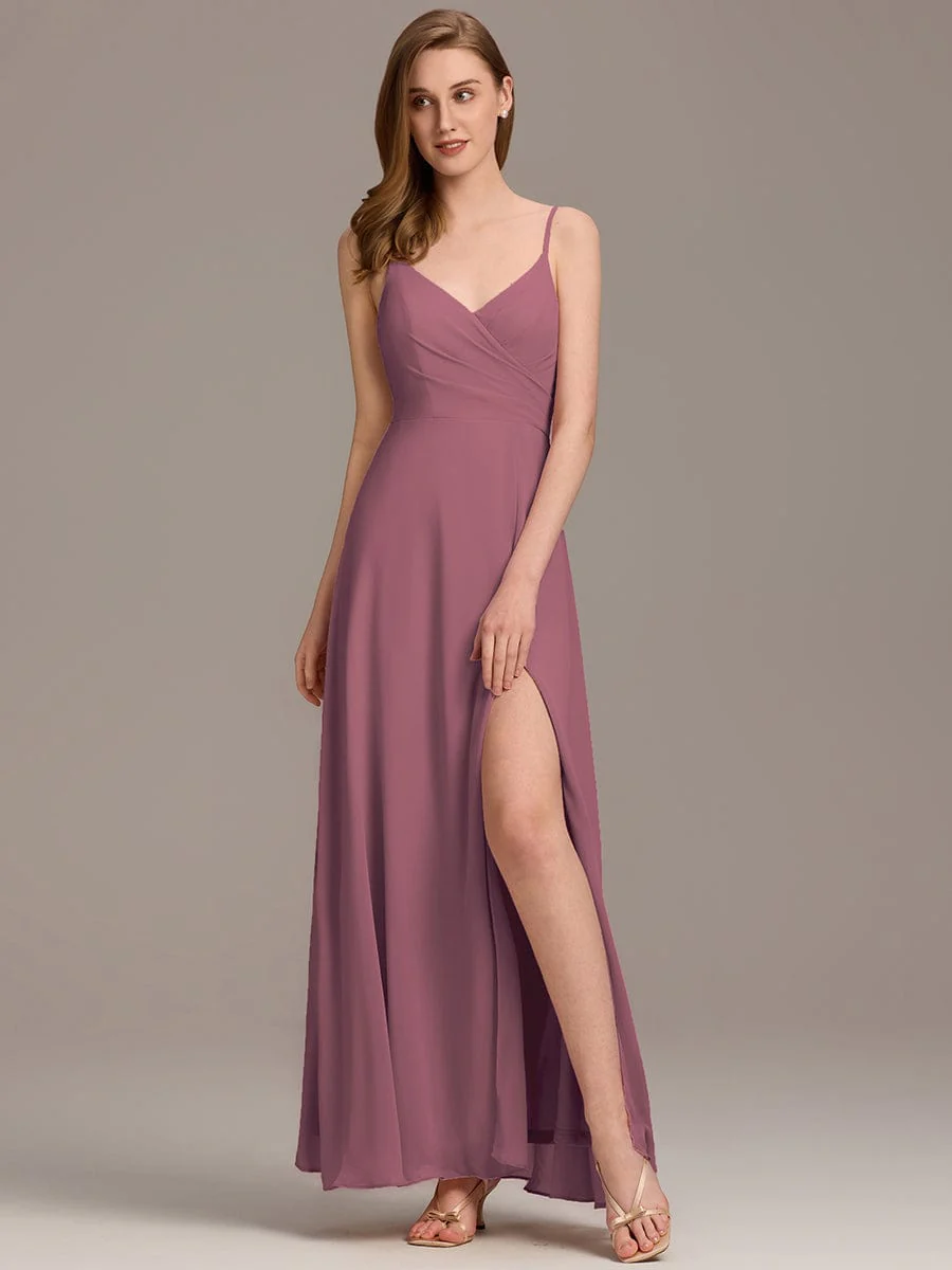 ever RENÉ|Spaghetti Strap Pleated V-Neck High Slit Bridesmaid Dress - Image 30