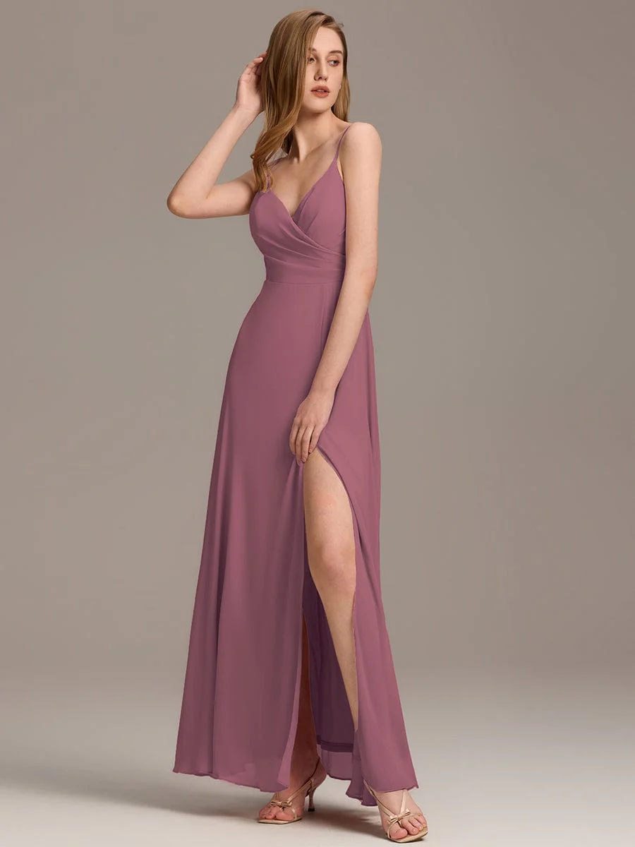 ever RENÉ|Spaghetti Strap Pleated V-Neck High Slit Bridesmaid Dress - Image 34