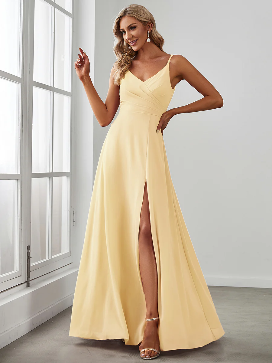 ever RENÉ|Spaghetti Strap Pleated V-Neck High Slit Bridesmaid Dress - Image 52