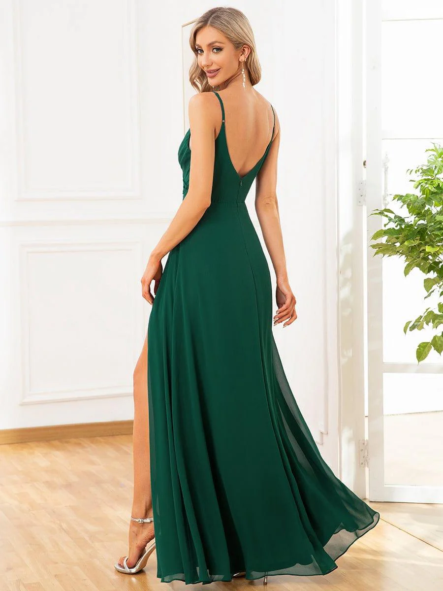 ever RENÉ|Spaghetti Strap Pleated V-Neck High Slit Evening Dress - Image 5