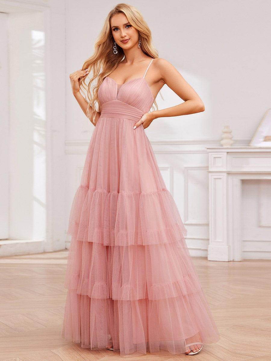 Spaghetti Strap Tulle Tiered Evening Maxi Dress with Pleats