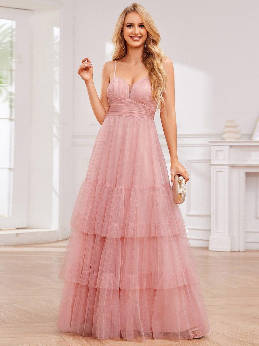 Spaghetti Strap Tulle Tiered Evening Maxi Dress with Pleats - Image 5