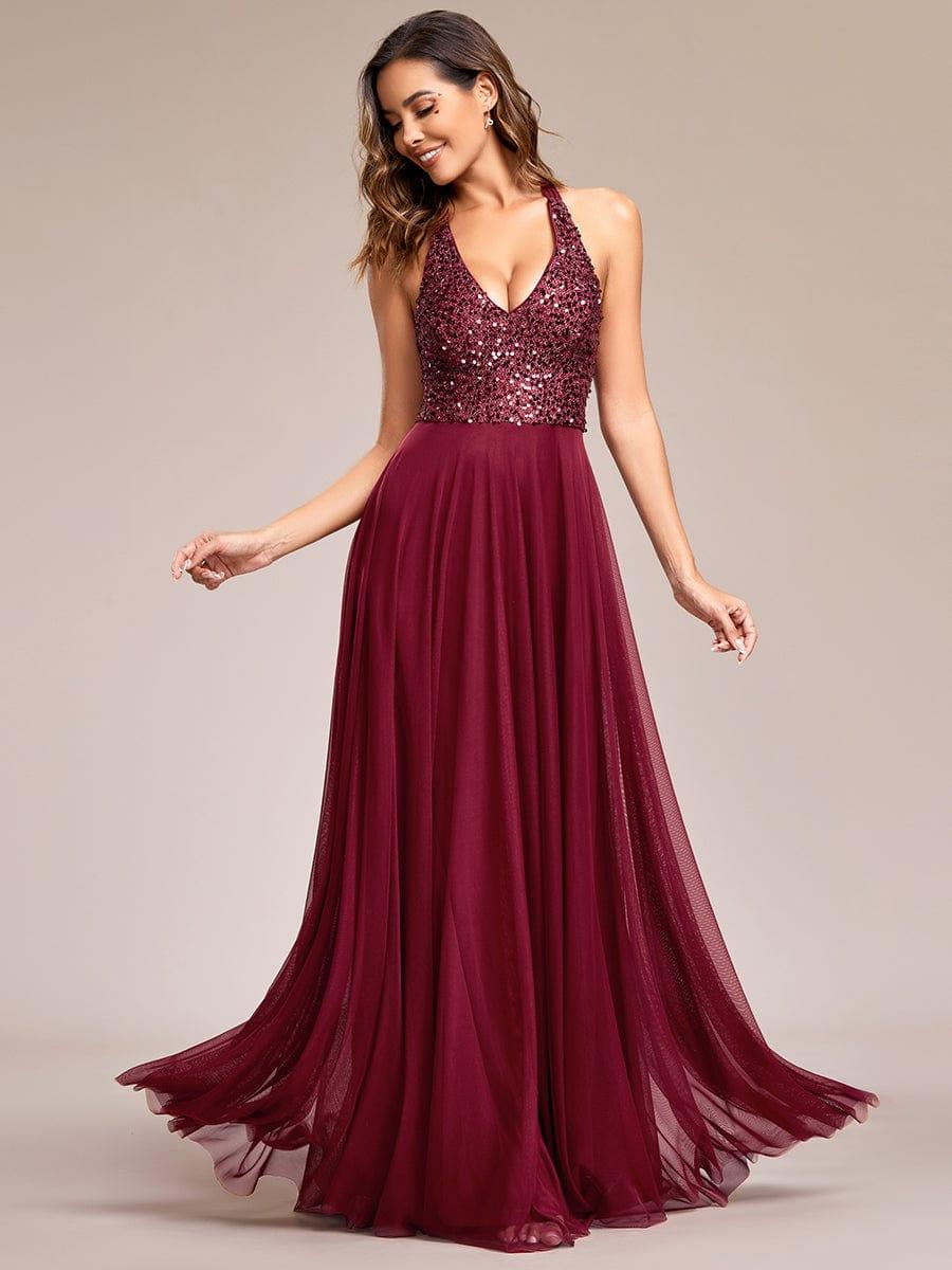Sparkling Sequin Halter Neck A Line Tulle Evening Dress(Final Sale)