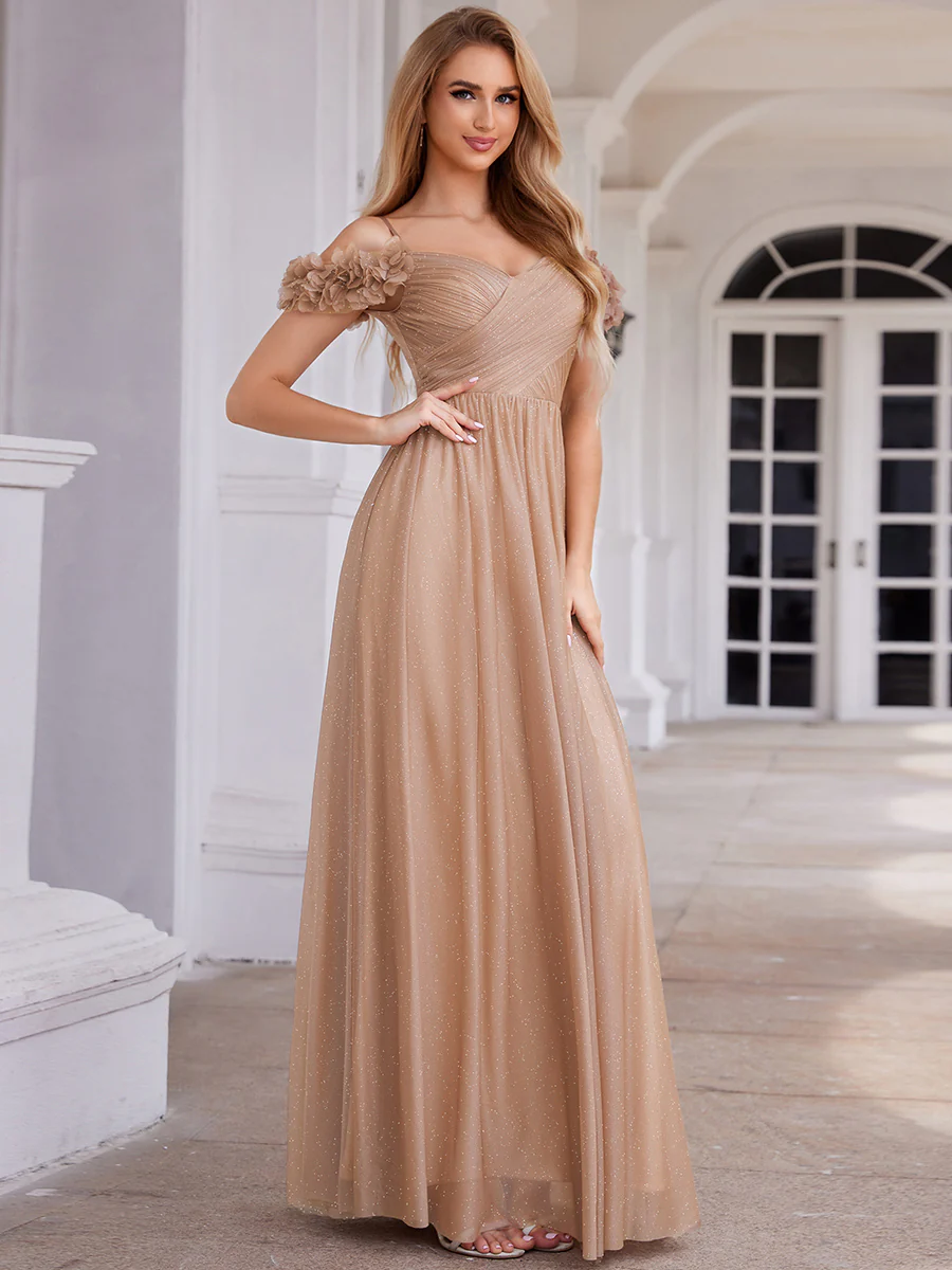 ever AYLANI|Sparkling V-Neck Cold-Shoulder Pleated Evening Dress with Floral Details - Image 3