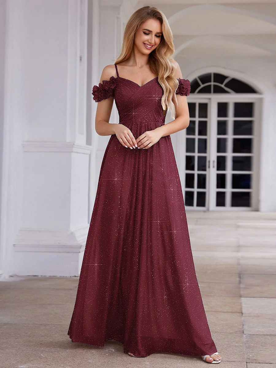 ever AYLANI|Sparkling V-Neck Cold-Shoulder Pleated Evening Dress with Floral Details - Image 61