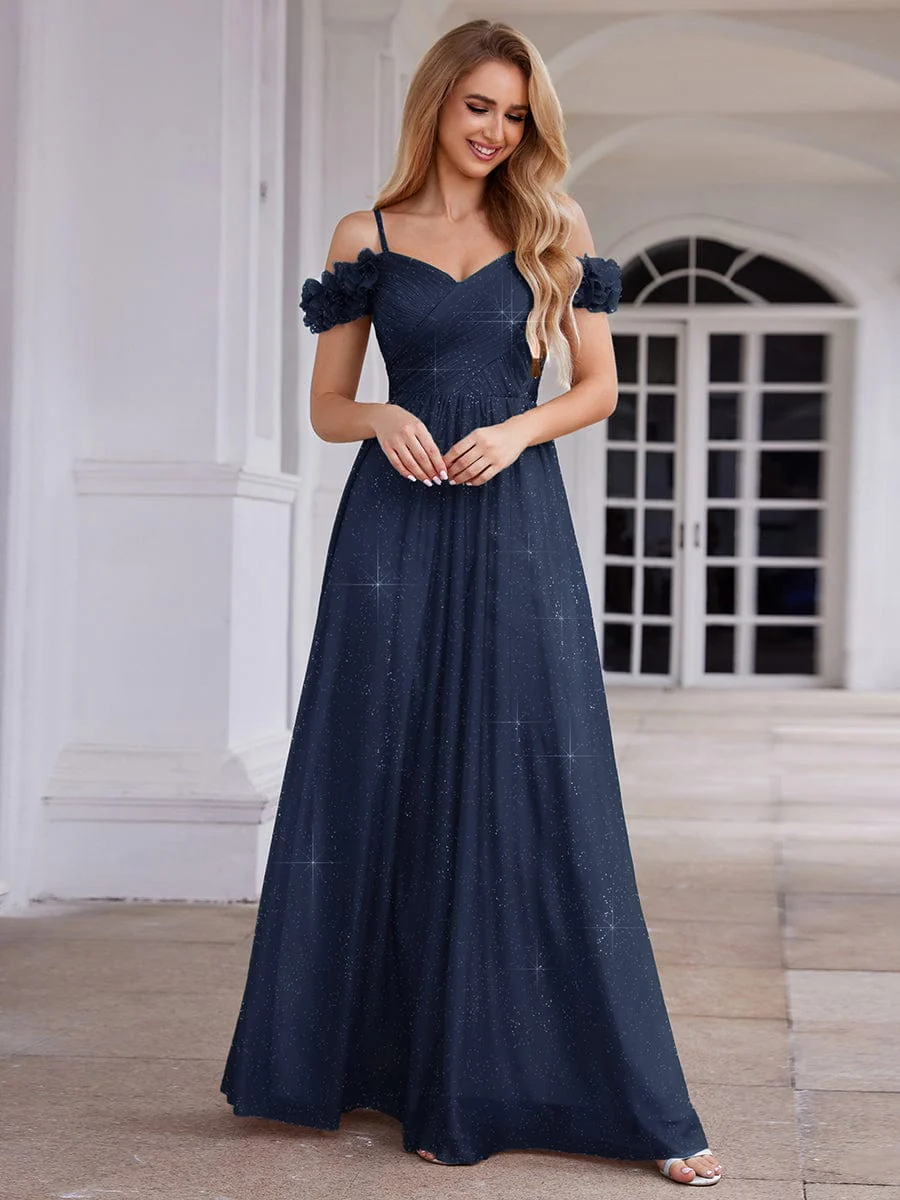ever AYLANI|Sparkling V-Neck Cold-Shoulder Pleated Evening Dress with Floral Details - Image 71