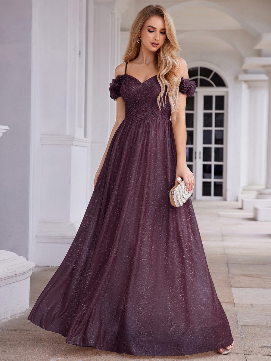 ever AYLANI|Sparkling V-Neck Cold-Shoulder Pleated Evening Dress with Floral Details - Image 89