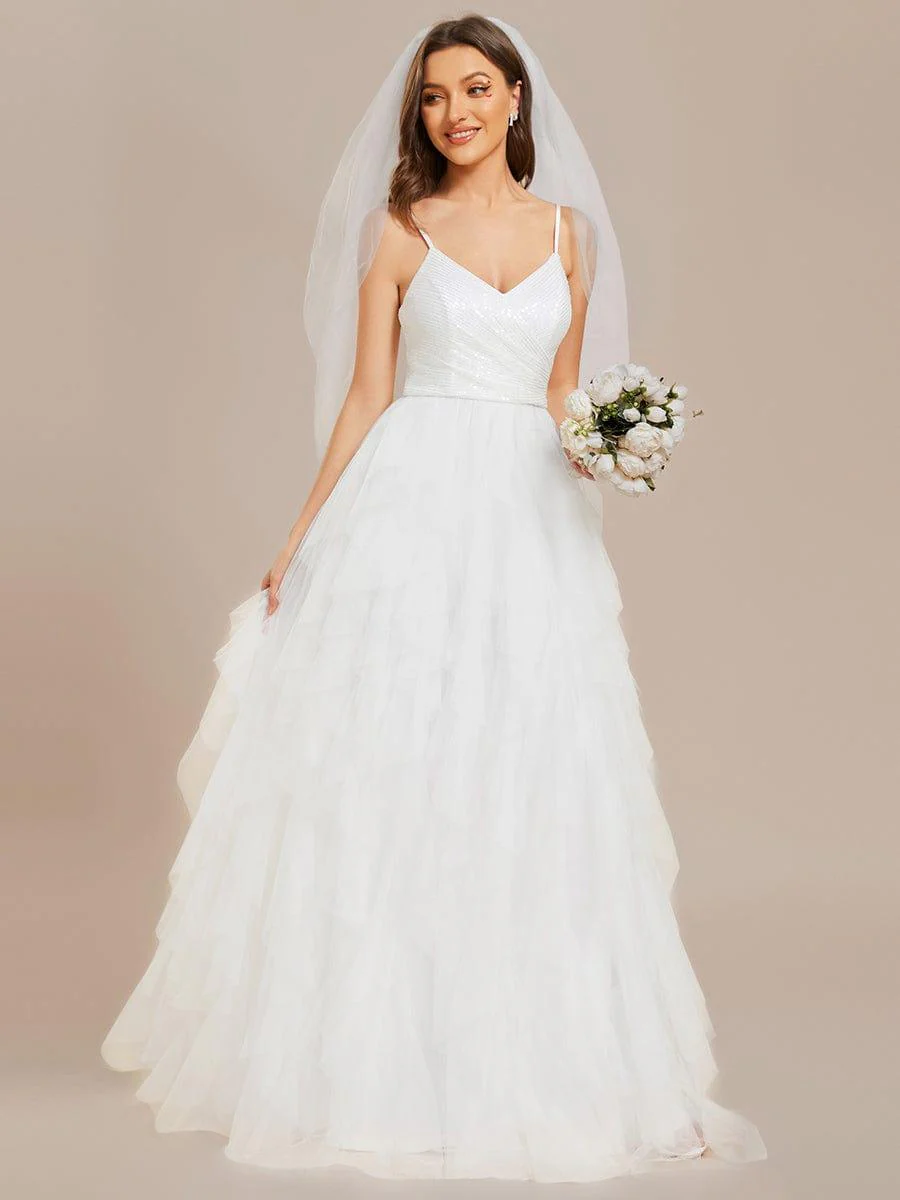 Sparkling V-Neck Spaghetti Straps Tulle Wedding Dress - Image 8