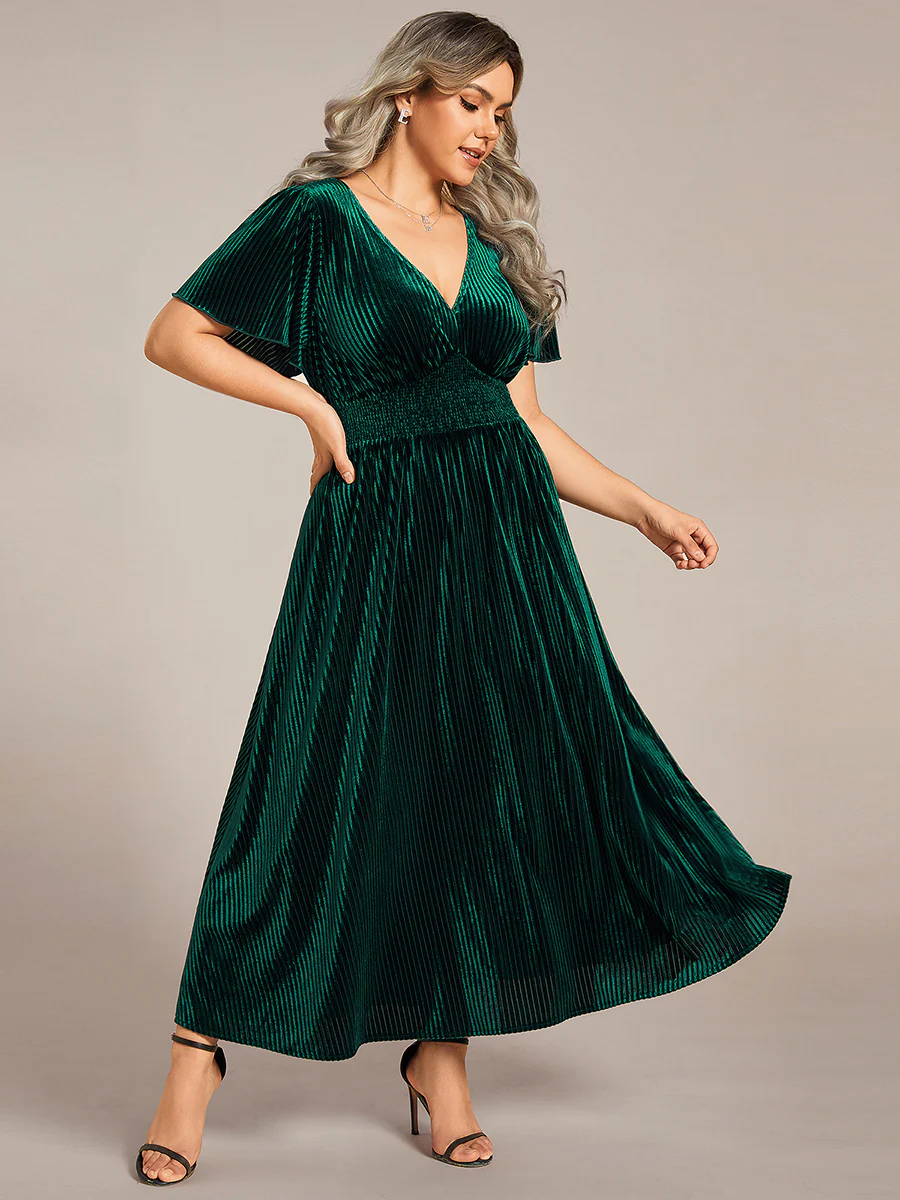 ever AZALEA|Striped Velvet Flutter Sleeves V-Neck Midi Wedding Guest Dress - Image 10